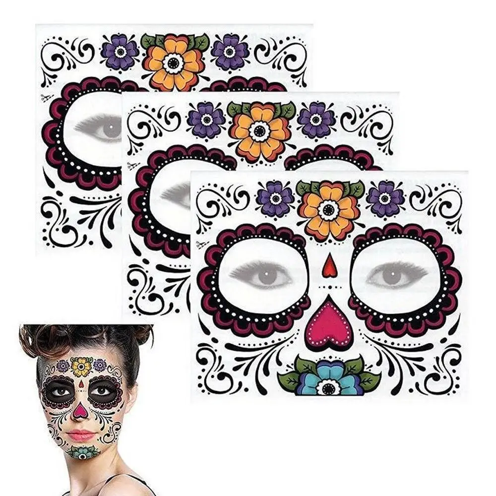 Day of The Dead Skull Face Dress Up Temporary Tattoo Stickers Pop Halloween Facial Makeup Special Waterproof Face Tattoo