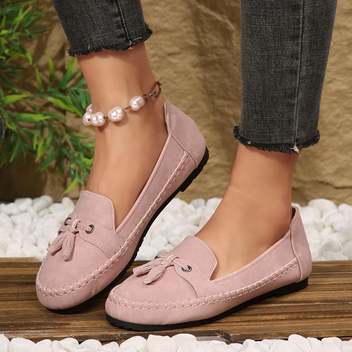 Damen-Loafer mit Quasten, runde Zehenpartie, Slip-On, flache Schuhe, Wildleder-Optik, weiche Sohle, lässige Damen-Mokassins für den Alltag. – Detail 20