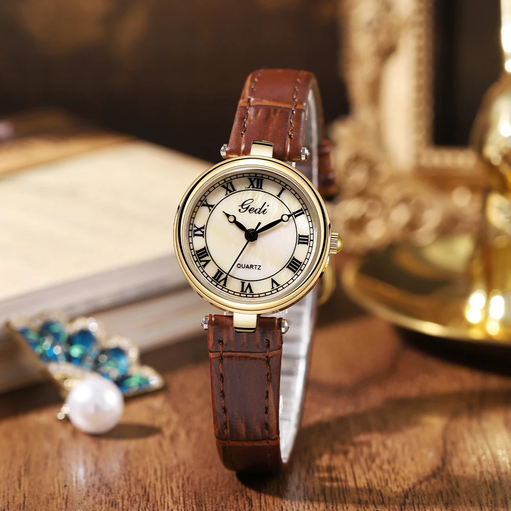 

GEDI Vintage Quartz Wrist Watch for Women Luxury Brand Breathable Leather Strap Roman Numeral Scale Waterproof Ladies Watches