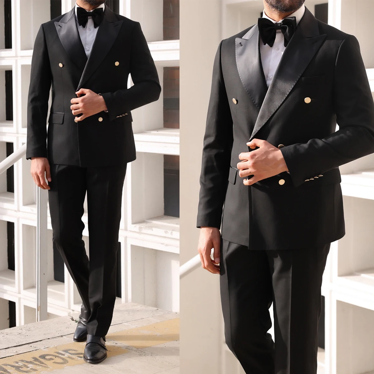 Formal Men's Suit 2 Pieces Blazer Pants Bow Collar Double Breasted Buckle Business Work Wear Wedding Prom Costume Size Color