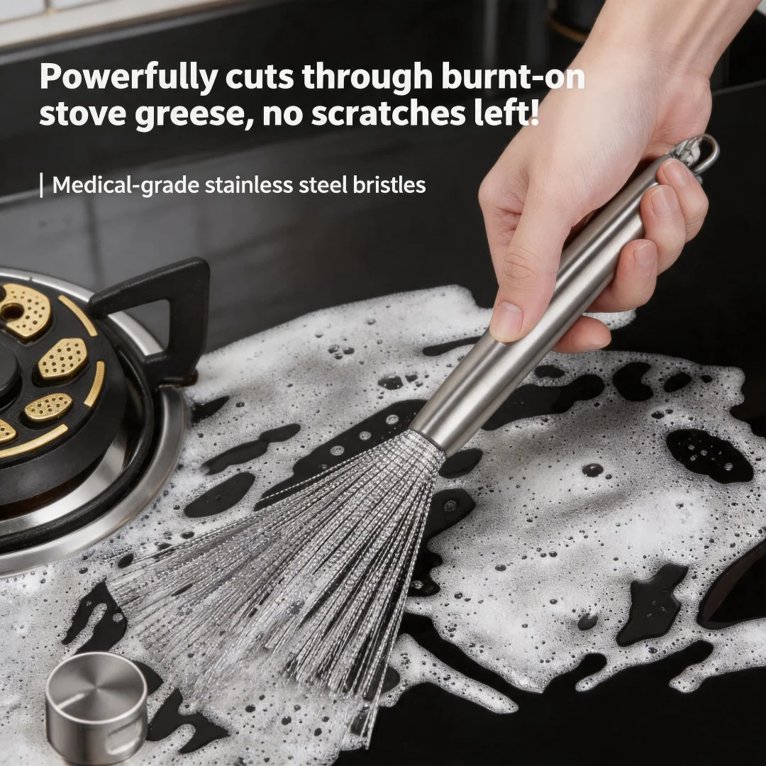 Stainless Steel Pot Brush Long Handle Multi-functional Cleaning Brush Hanging Washing Tool for Kitchen Sink Pans Scrubber Gadget