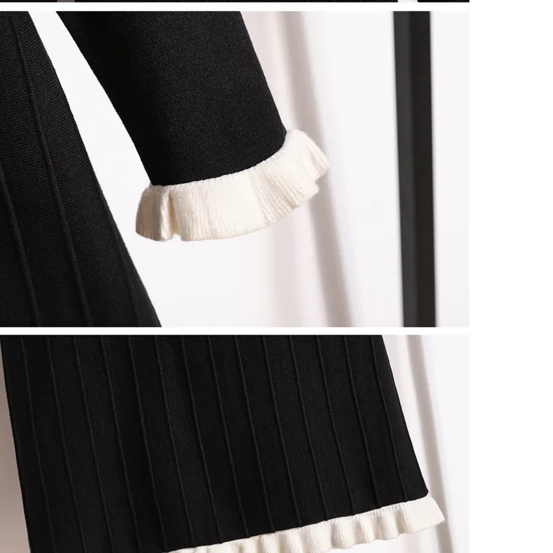 Office Ladies Elegant French Vintage Knitted Sweater Dresses For Women Korean Casual High Waist A-line Bow Collar Knitting Robe