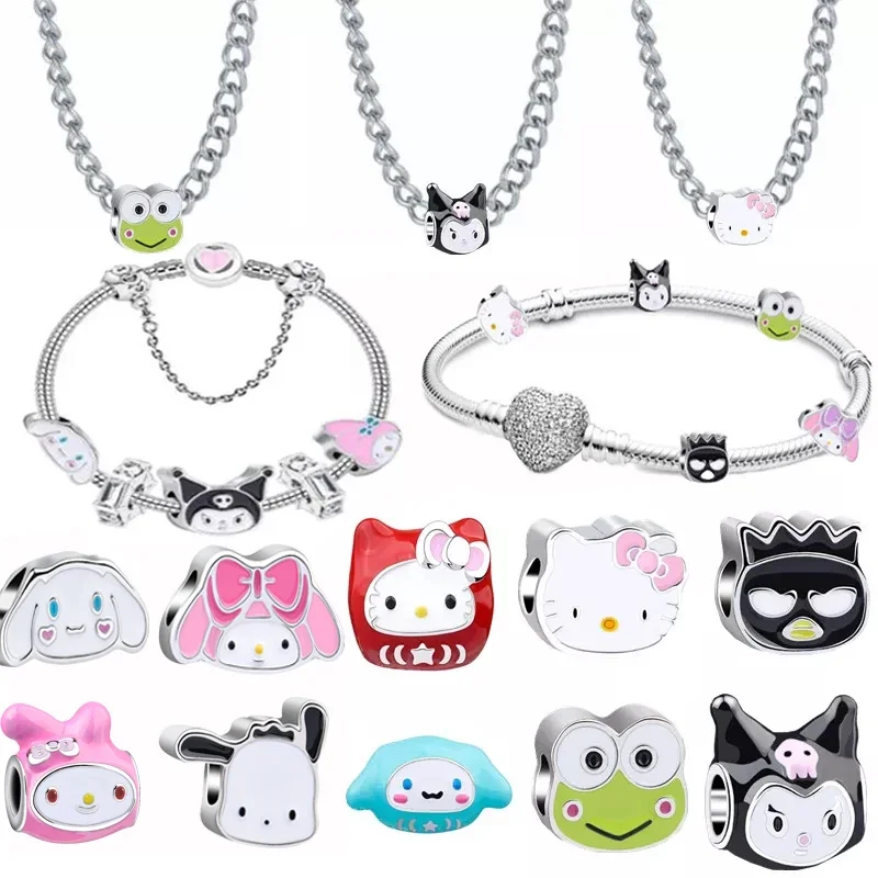 Anime Sanrio Bracelet Hello Kitty My Melody Kuromi Fashion Gold and Silver 925 Jewelry DIY Beaded Handwork Women Christmas Gifts