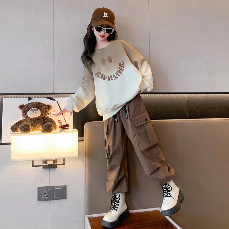 

Autumn Girl Children's Top And Bottom Set Teenager Girl Letter Printed Sweatshirt+Cargo Pants Child Workout Sets 4-12Years Girls
