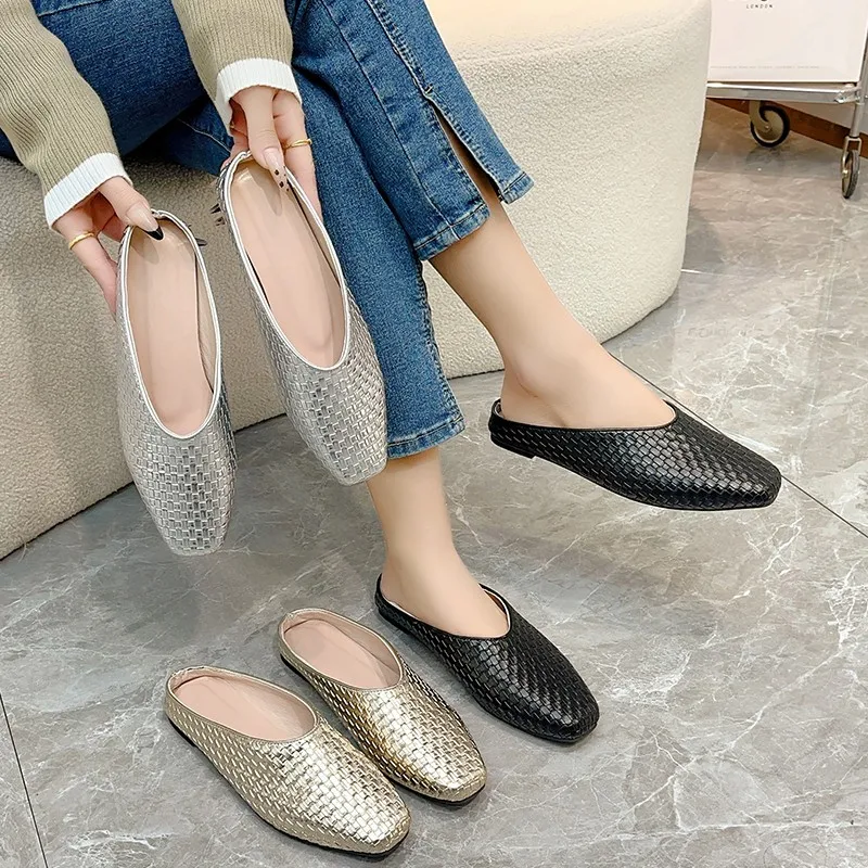 

2025 New Comfortable Women Slippers Weave Style Loafers Soft Leather Flats for Woman Non-Slip Spring Summer Ladies Flat Shoes