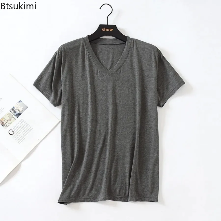 الرجال الصيف مشروط القطن الصلبة تي شيرت غير رسمي مريحة لينة قصيرة الأكمام بلوزات على شكل حرف v الرجال فضفاض قاع القمصان ملابس المنزل #2