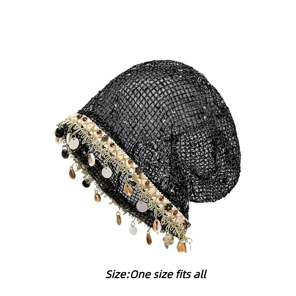 Seasheel Tassel Trim Mesh Beanie for Women Breathable Versatile Knit Skull Cap Soft Hollow Out Beaded Crochet Cap Spring Summer 6