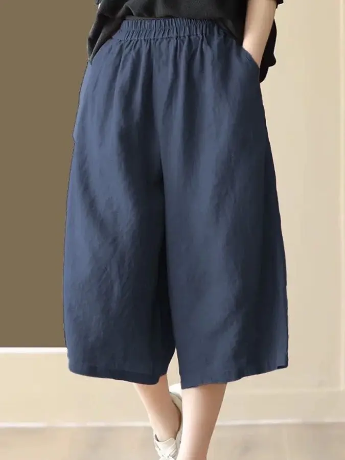 

Casual Cotton Linen Wide Leg Pants Women's High Waist Elastic Waist Slim Loose Seven-Foot Artistic Style Summer Trousers