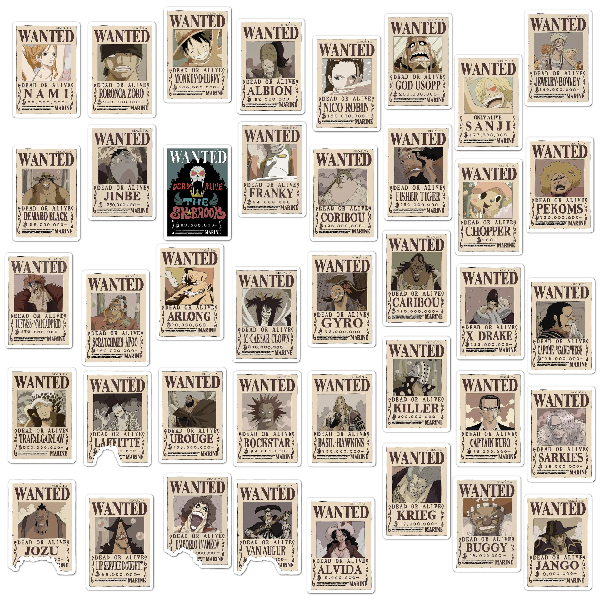 80PCS Anime One Piece Wanted Posters Stickers Cartoon Retro DIY Fridge Phone Suitcase Laptop Notebook Car Wall Cool Sticker Toy