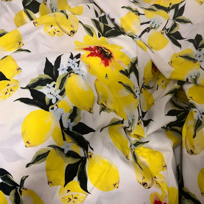 European And American Lemon and Flower Printed Poplin Cotton Or Satin Fabric For Women’s Dress Blouse DIY Clth Sewing Material