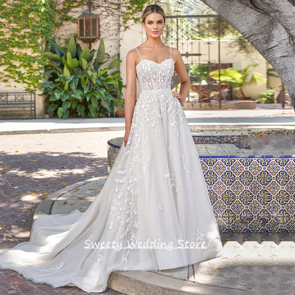 

Sexy Spaghetti Straps Wedding Dress Customized Sweetheart See Through Lace Applique Sweep Train Bridal Gown Back Zipper