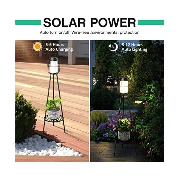 2-in-1 Solar Floor Lamp and Planter Stand for Patio Deck Porch Yard Garden | Weatherproof Metal Construction | Auto Dusk-to-Dawn