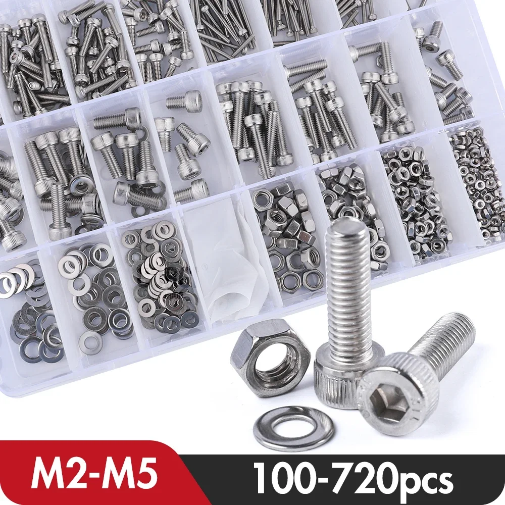 Hex Socket Head Cap Screws Assortment up to 720pcs M2 M2.5 M3 M4 M5 DIN912 Stainless Steel Metric Allen Bolts Nuts Kit with Case