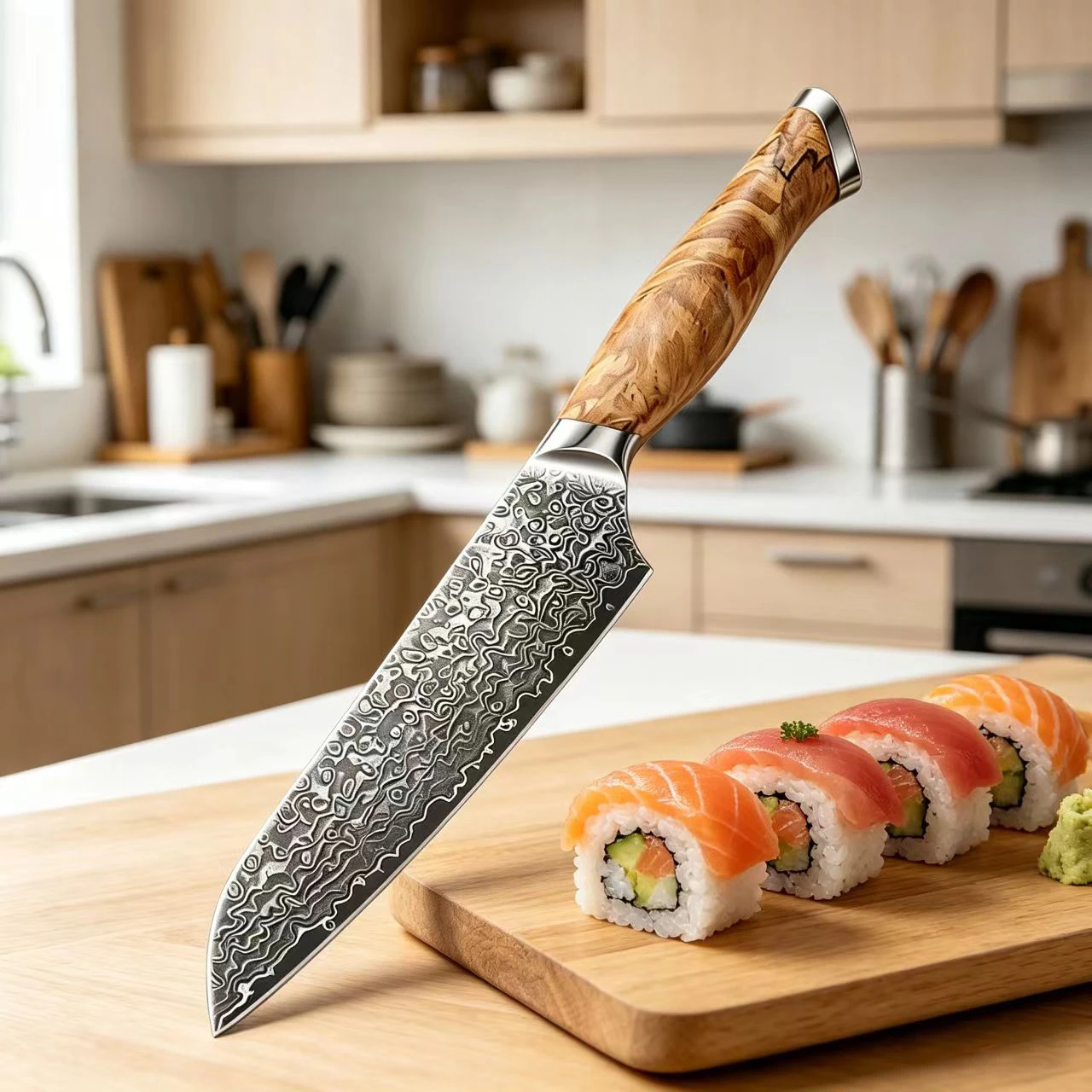 

Нож Сантоку 6,7 дюйма, 67-слойное лезвие из дамасской стали, рукоять из оливкового дерева, для нарезки суши, овощей, мяса, кухонный нож-тесак