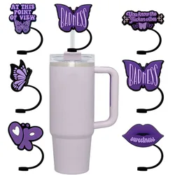 Silicone Straw Covers Cap 10mm Dustproof Straw Topper Reusable Purple Butterfly Series Splashproof Straw Tip For Stanley Cup