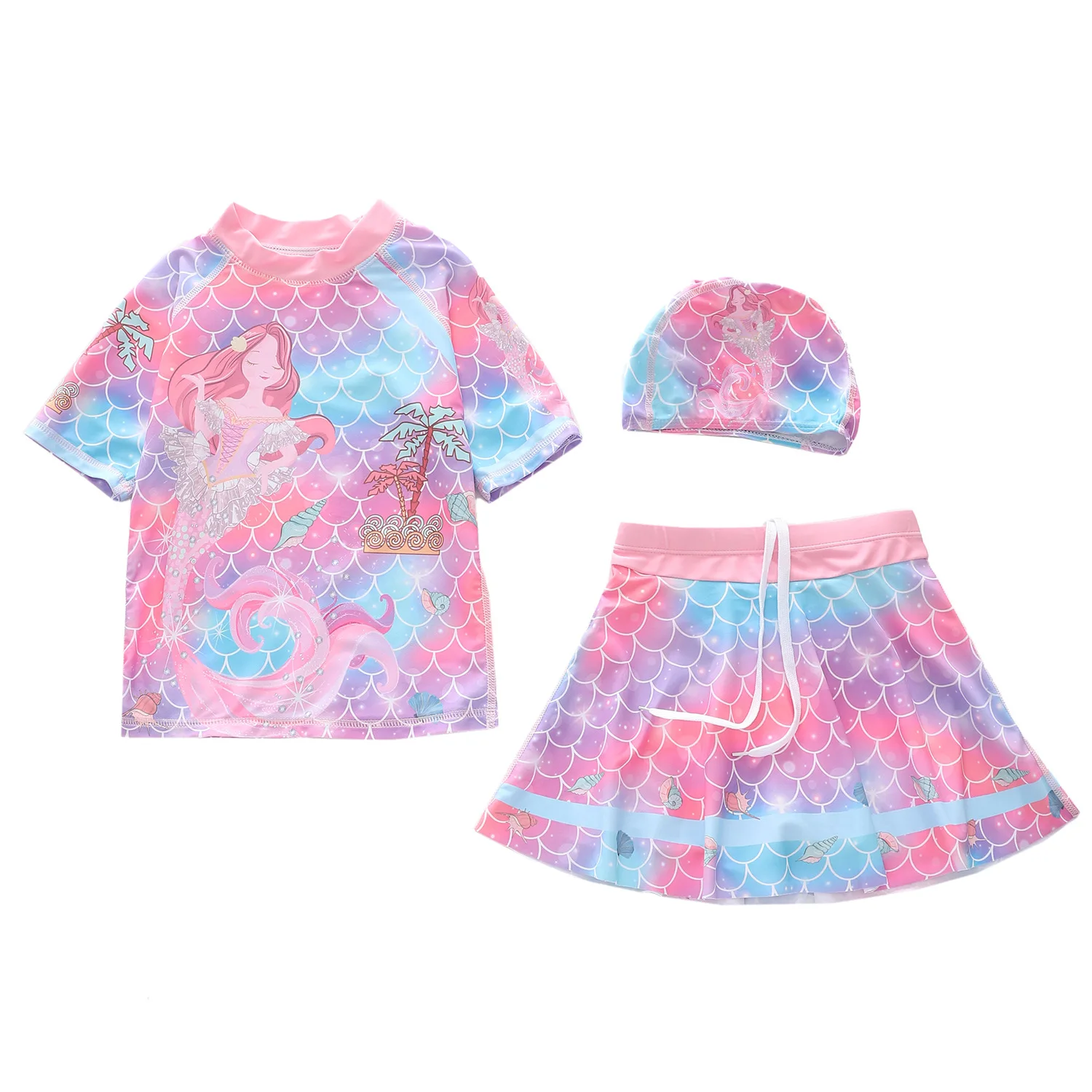 HappyFlute New 3 Piece Set Summer Mermaid Print Short Sleeve With Skirt Sunscreen Beach Girls Swimsuit