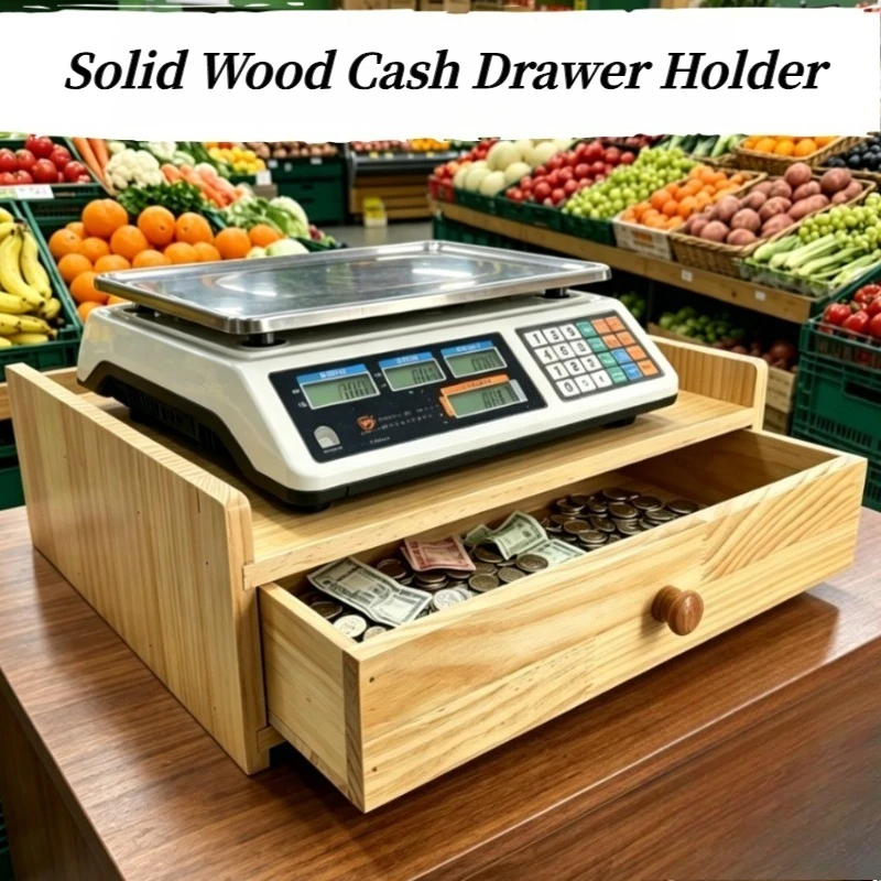 Thick Solid Wood Cash Register Drawer Stand, Desktop Scale Riser with Storage Drawer for Cash Coin Banknote Organizer