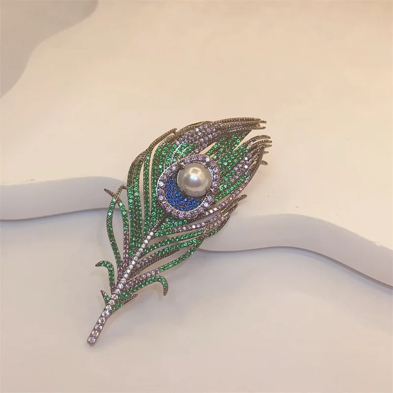 الملونة الطاووس ريشة خمر بروش حجر الراين مطعمة الرجال النساء دبابيس المجوهرات #3