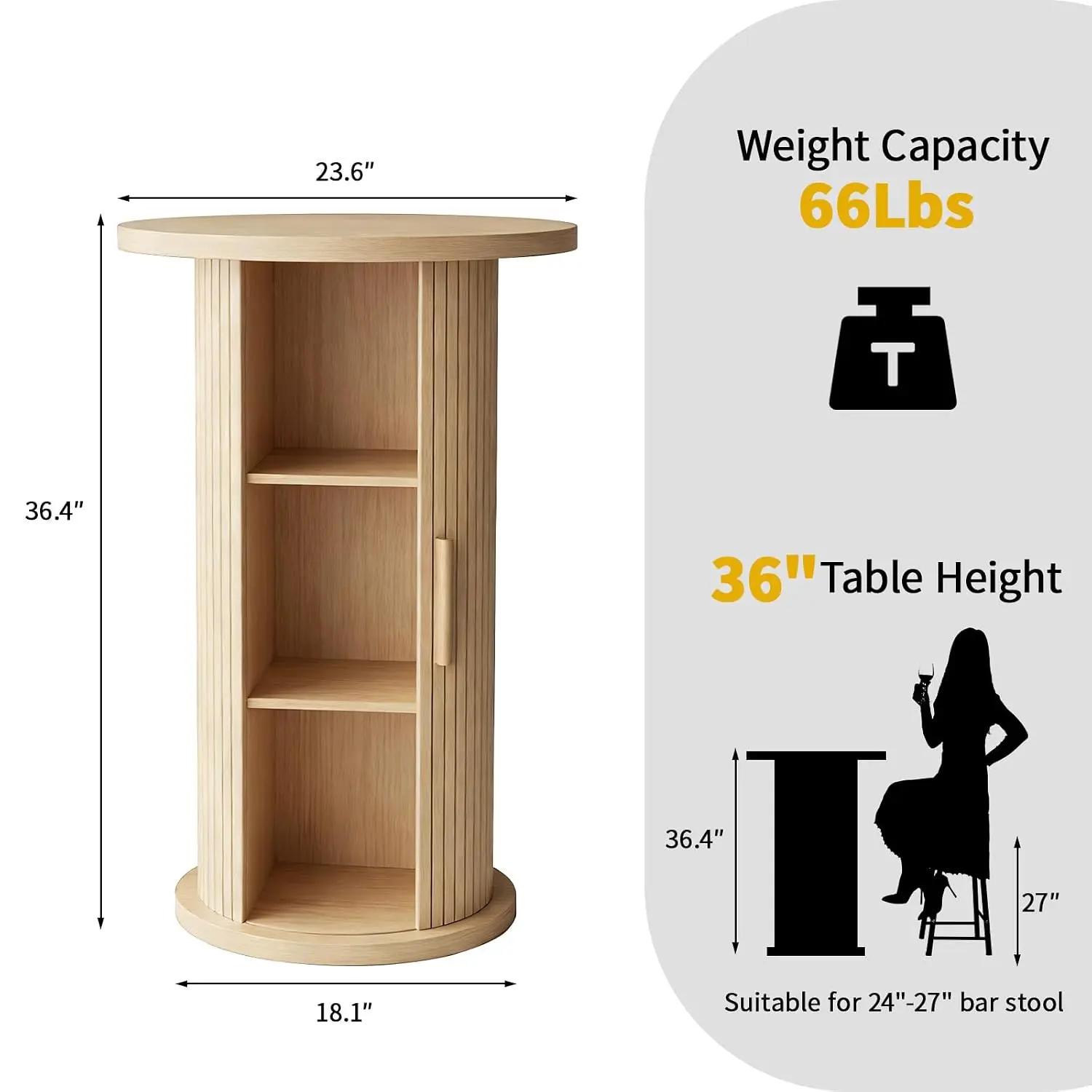 Round Bar Table Fluted Sliding Door 3-Tier Hidden Storage Oak, Customized