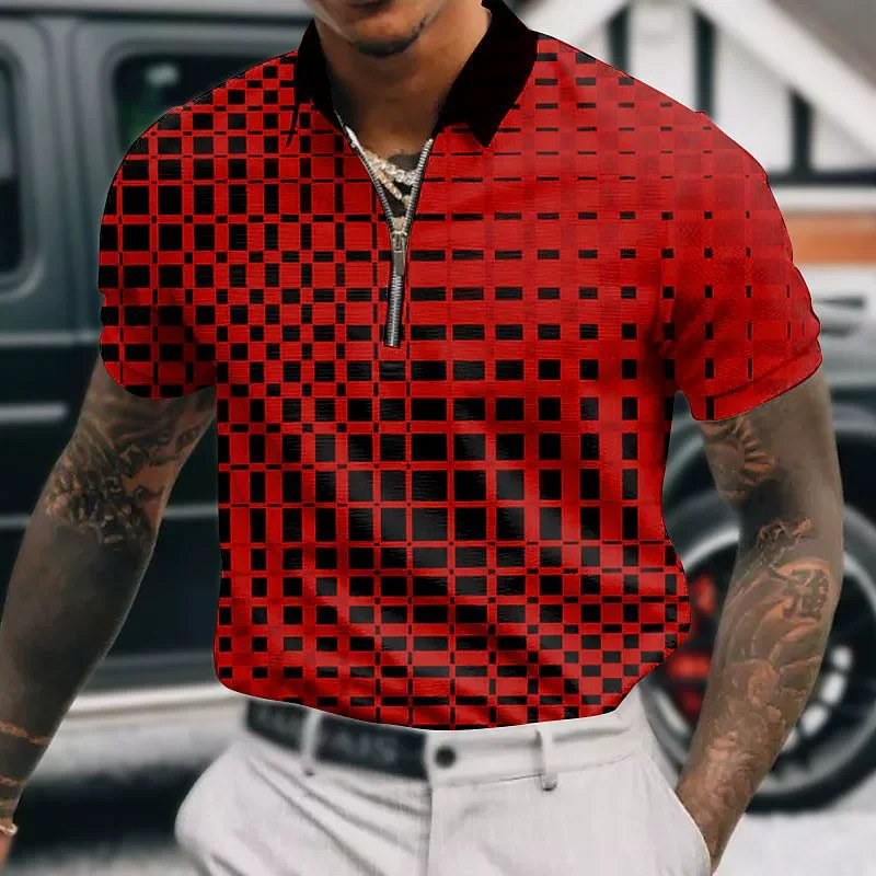 Fashion Plaid Pattern Men's Zippers Polos Summer Short Sleeve 3D Printed Street Simple Male POLO 6XLPlus Size Casual Tops