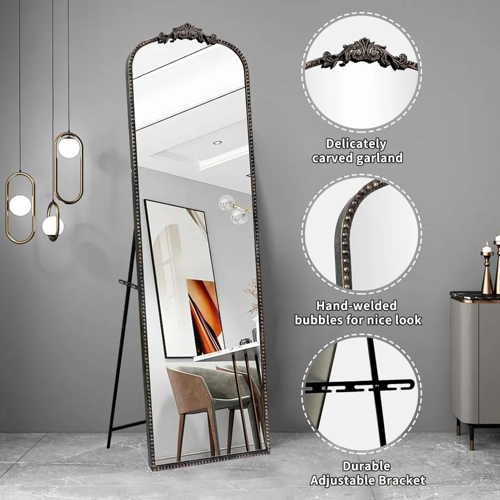 ヴィンテージバロック様式の全身鏡、65x22インチ、自立式または壁掛け式、アンティークブラックの全身鏡（斜め置き可能）