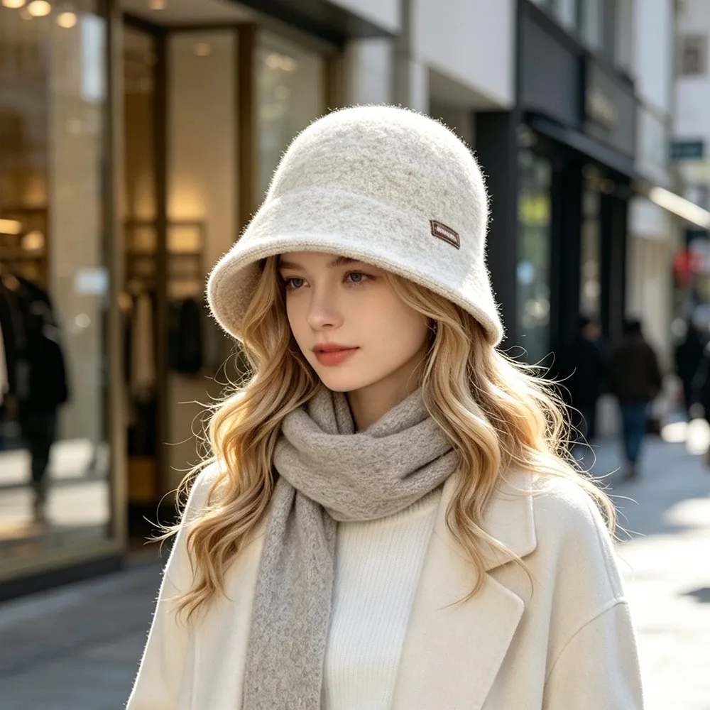 Women Wool Blend Bucket Hat Solid Color Warm Soft Hat Vintage Winter Fisherman Cap for Outdoor Daily Wear Decorate Female