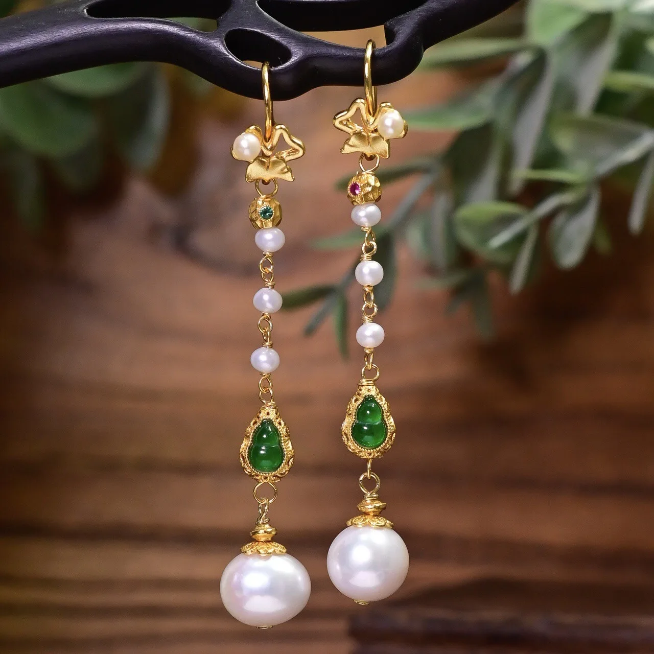 Natural Freshwater Pearl Dangle Earrings, Jadeite Gourd, S925 Silver Gold Plated, Clover Long Drop Earrings Chinese Jewelry