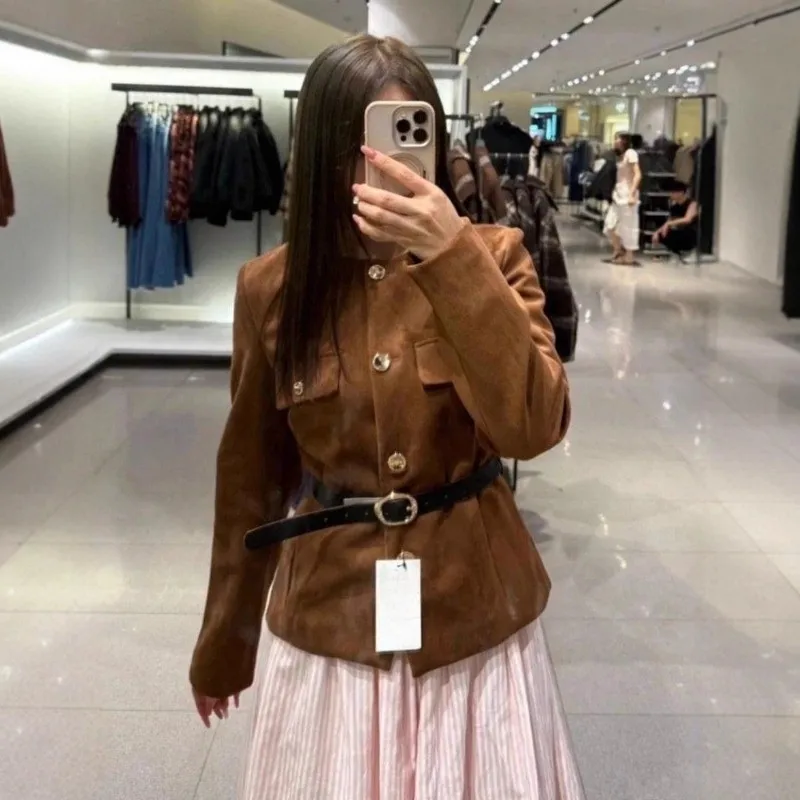 Suede Round Neck Blazer Metal Buttons Chest Flap Pockets Matching Waist Belt Slim Fit Cropped Vintage Spring Autumn Jacket