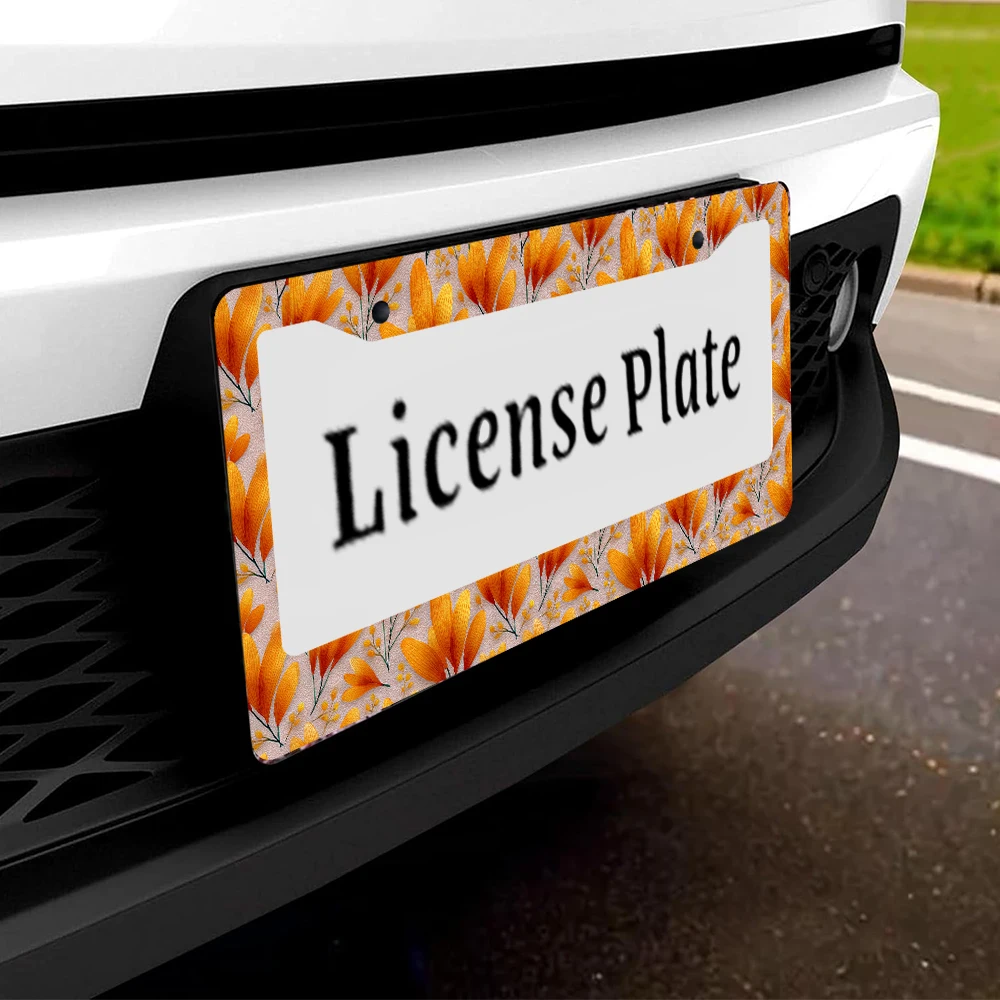 1 قطعة نمط الأزهار البرتقالية 2-Hole إطار لوحة الترخيص ، مادة الألومنيوم ، 6x12 بوصة مع طقم مسامير ربط ، الرجعية الجدة سيارة الديكور