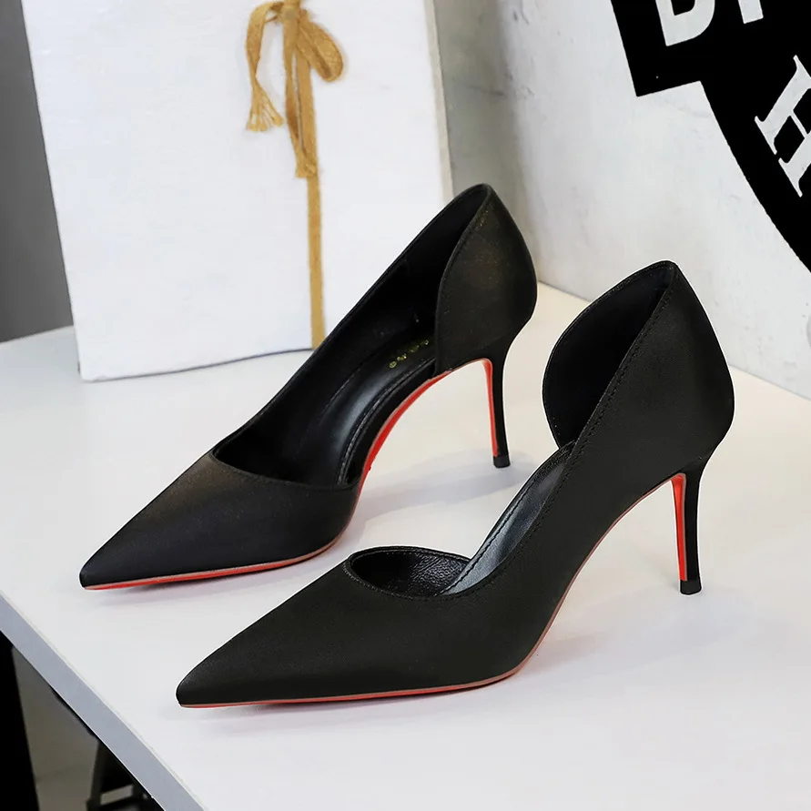 BIGTREE Shoes Silks Satins Women Pumps Fashion Kitte Heels Sexy Party Shoes Side Hollow Out Woman Stilettos 7.5 Cm Heels Lady