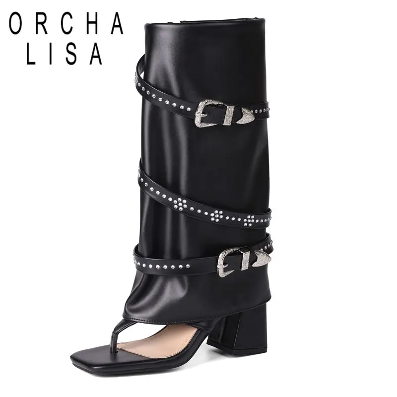 

ORCHA LISA 2025 Модный дизайн Женские сандалии с застежкой на носок, массивные каблуки, 8 см, пряжки на молнии, большие размеры 46 47 48 Туфли для свиданий и вечеринок