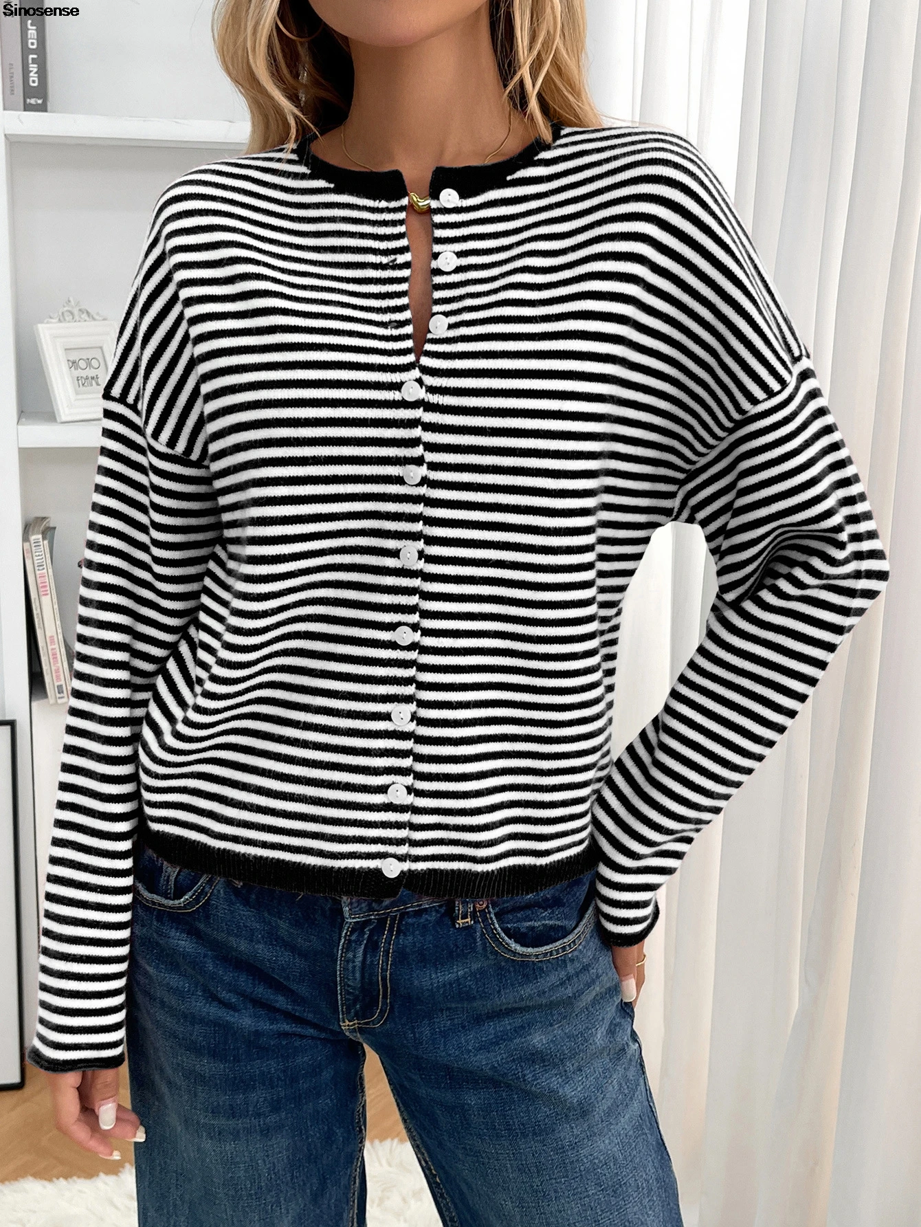 

Womens Striped Cardigan Sweaters Casual Long Sleeve Open Front Button Down Loose Daily Work Office Date Outerwear Knit Cardigans