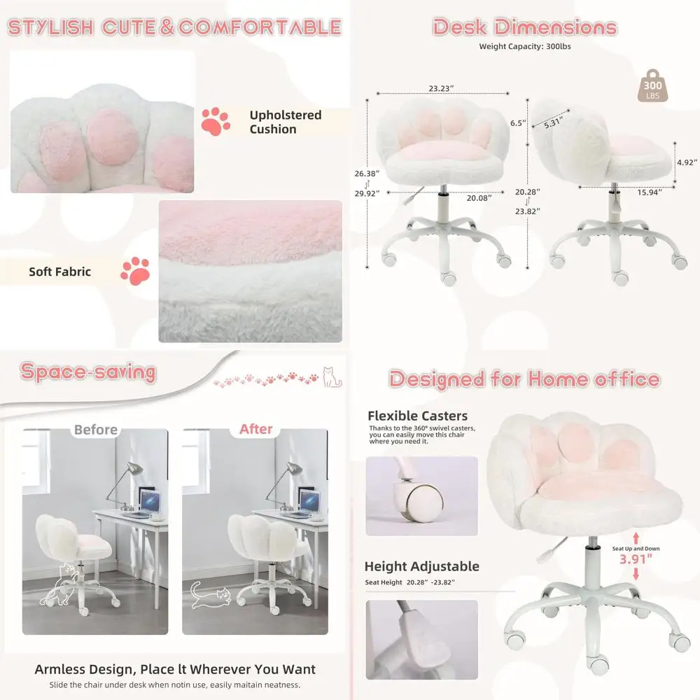 

Plush Swivel Vanity Chair with Wheels, Height-Adjustable Makeup Seat for Home Office, Suitable for Women and Girls