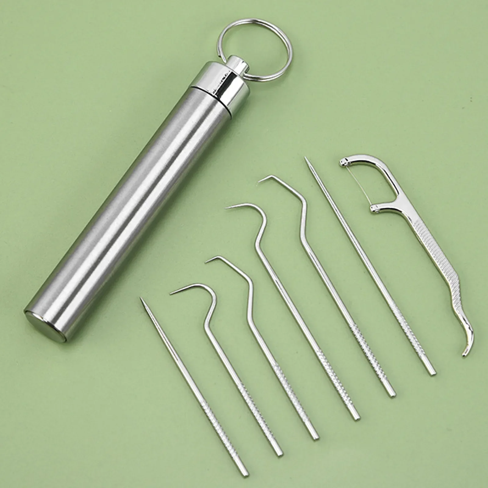 Zahnstocher-Taschenset aus Edelstahl, tragbares Zahnseide-Pick, wiederverwendbares Zahnstocher-Zahnreinigungsset aus Metall mit Schlüsselanhänger-Halter – Detail 3