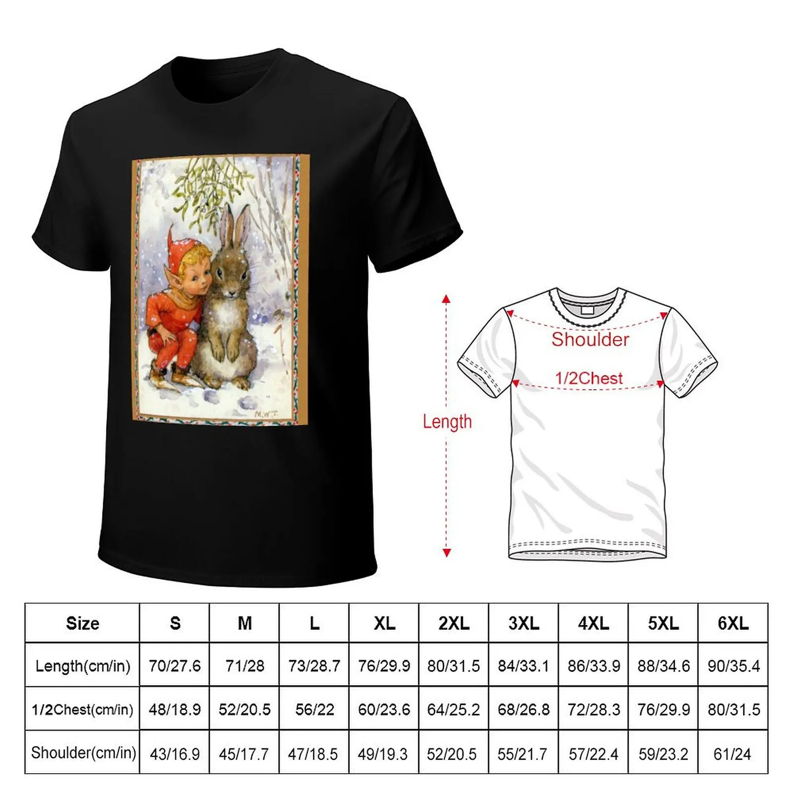 Elf and Rabbit Under Mistletoe Christmas - Margaret Tarrant T-Shirt custom shirt graphics for a boy men tshirt