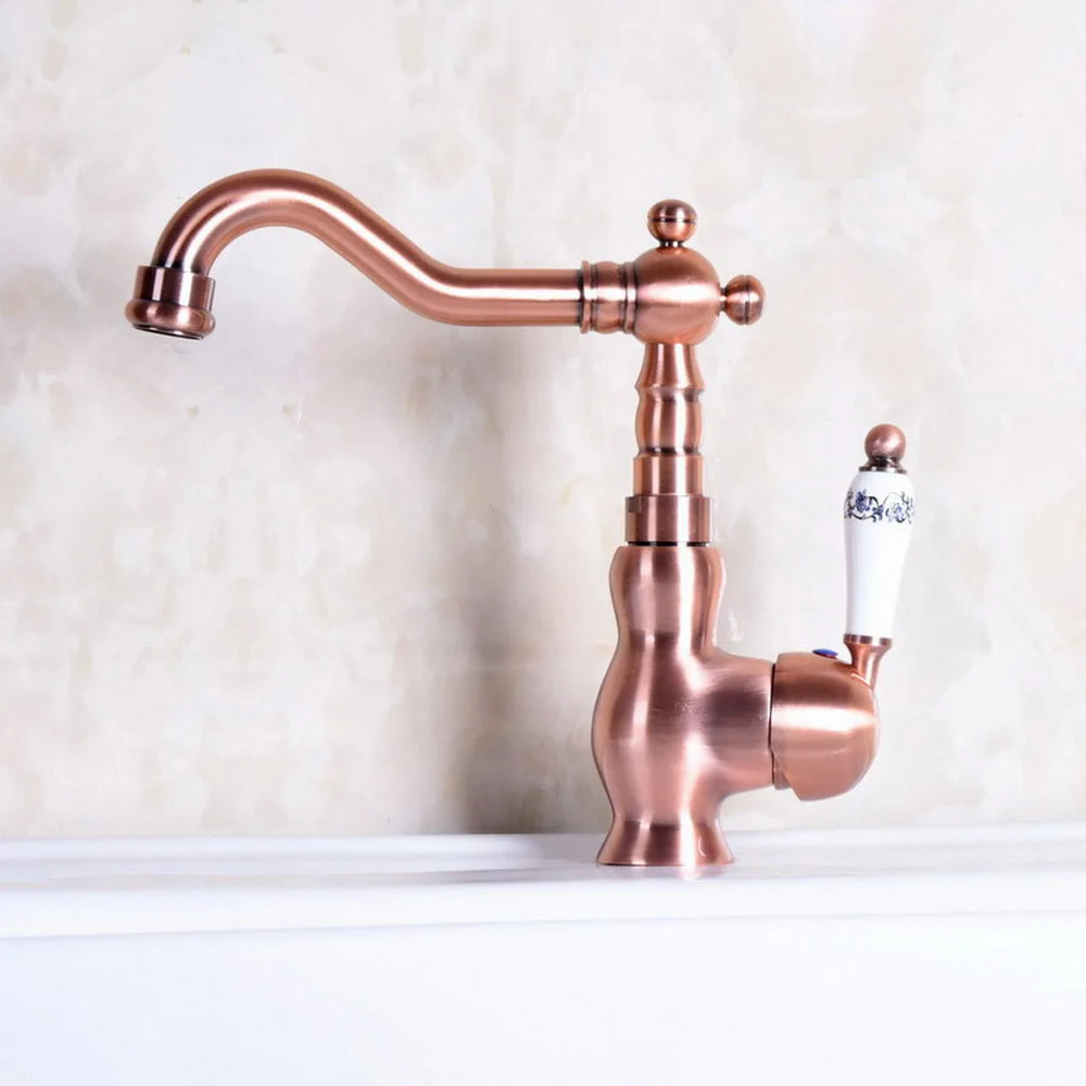 Deck mounted Antique Red Copper Brass finish bathroom Faucet basin mixer tap Hot and cold water tap Nnf137