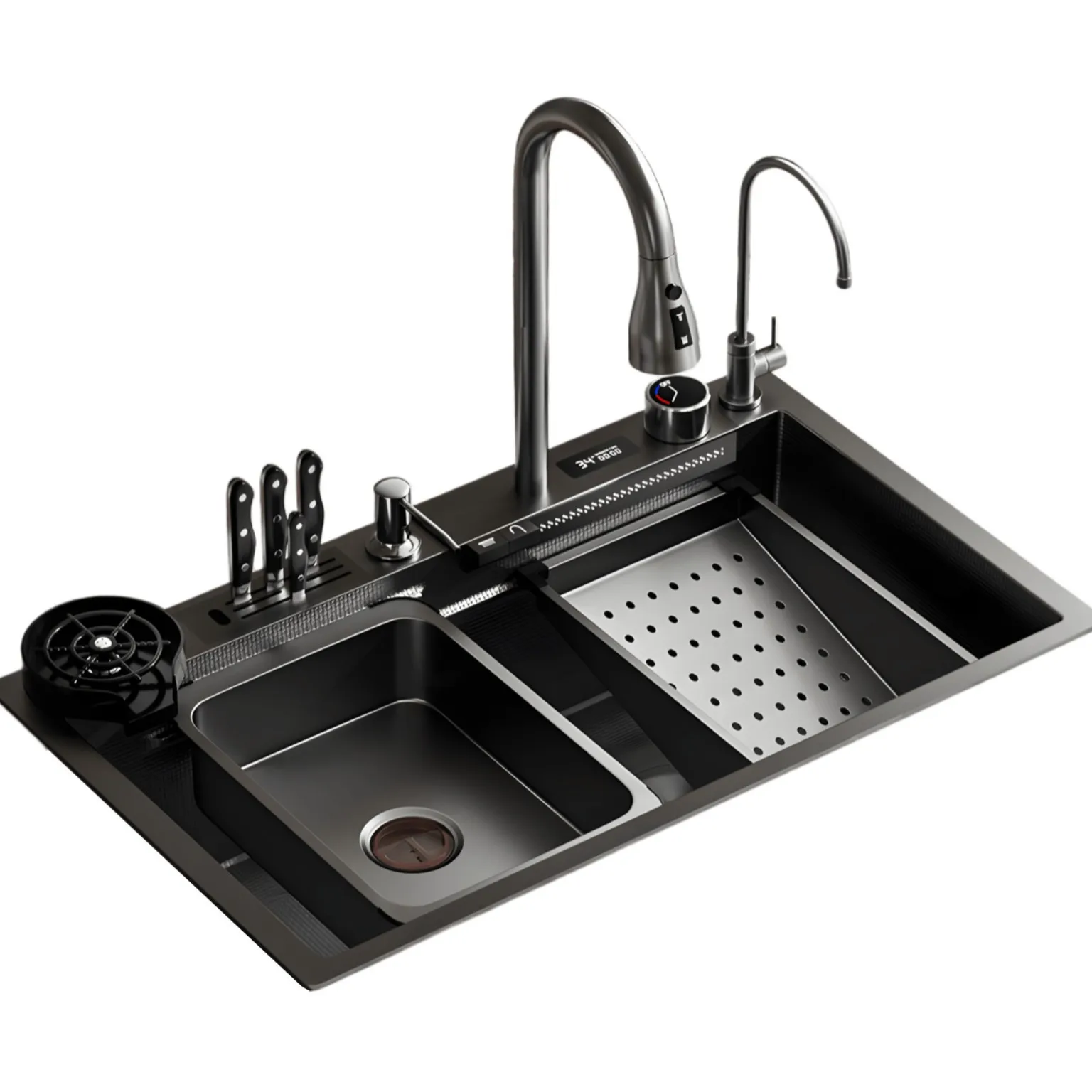

With knife holder, with button, digital display, stainless steel, vegetable basin, extra thick.