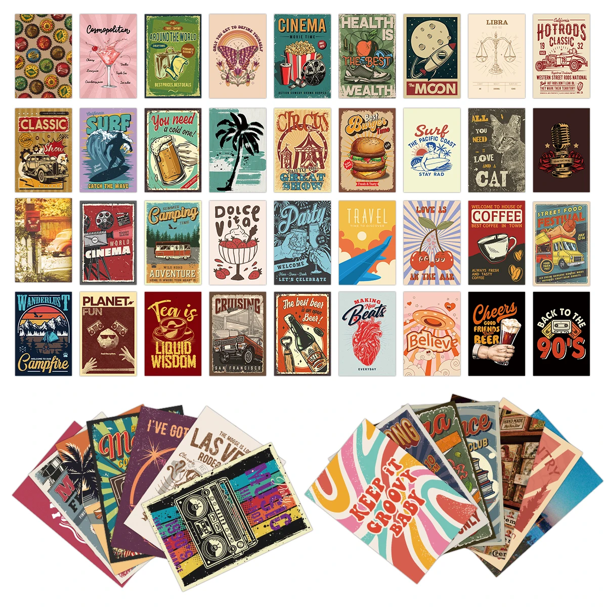 50pcs Vintage Wall Postcards With Stickers,Movie,Surf&Camping Theme,Art Cards For Home,Bar,Party Decor,Diy Creative Gift Cards