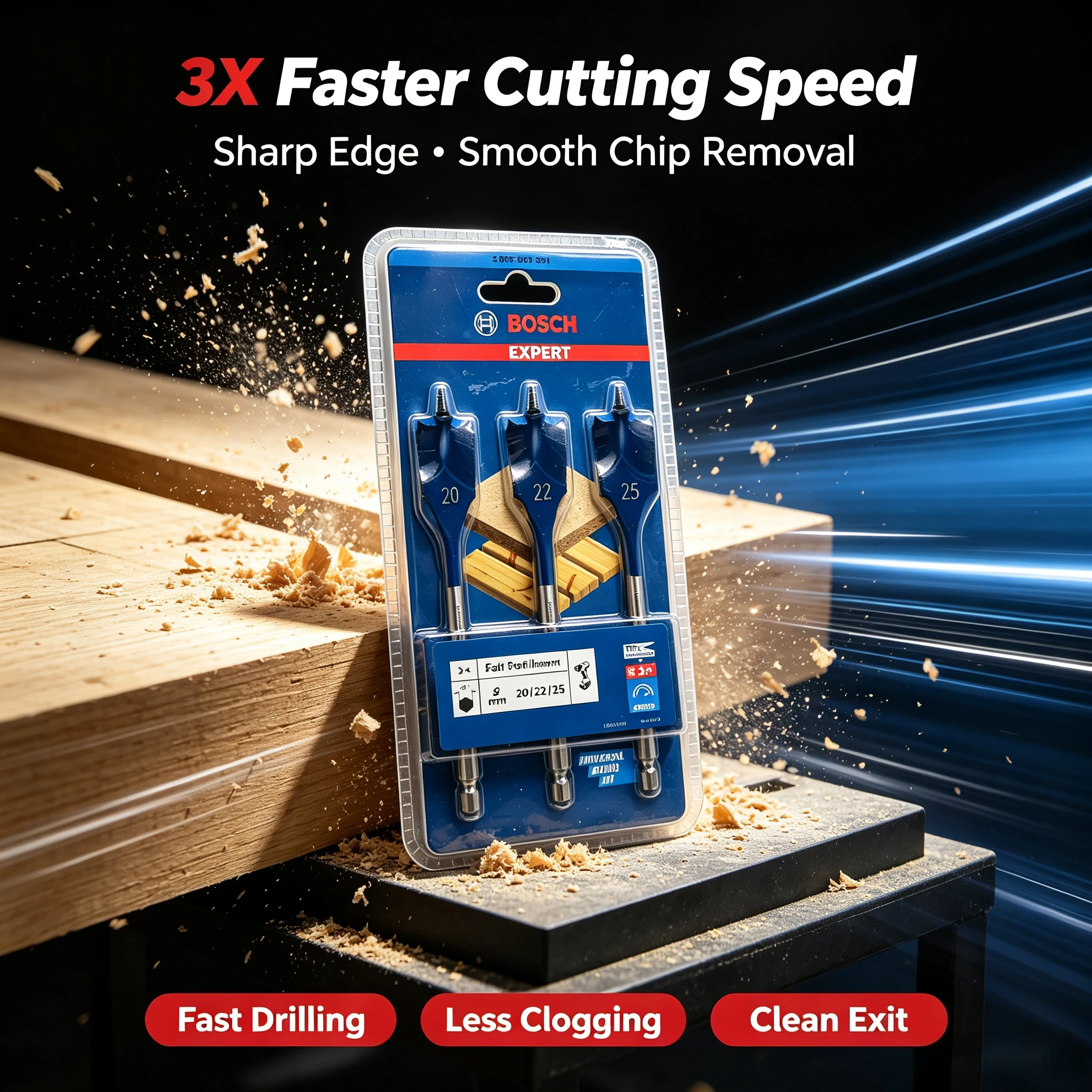 BOSCH 2608900331 3Pcs Hex Shank Spade Drill Bit Set Self Cut Speed Wood Flat Boring Bits 20/22/25mm