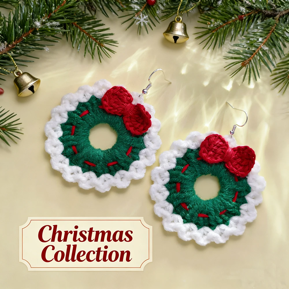 Crochet Fashion Merry Christmas Wreath Circle Hoop Earrings for Women Girls New Year Party Festival Jewelry Gifts