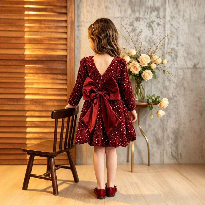 Girl's Autumn And Winter Wine Red Velvet Sequin Princess Dress with Large Back Bow V-Neck Long Sleeve Formal Gown