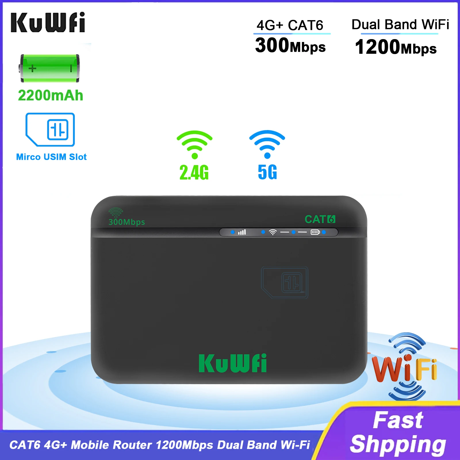 KuWFi CAT6 4G+ Mobile Router 1200M 2.4G 5G Dual Band WiFi Rate Portable Travel 4G Modem 2200mAh Battery Mirco SIM Slot 64 Users