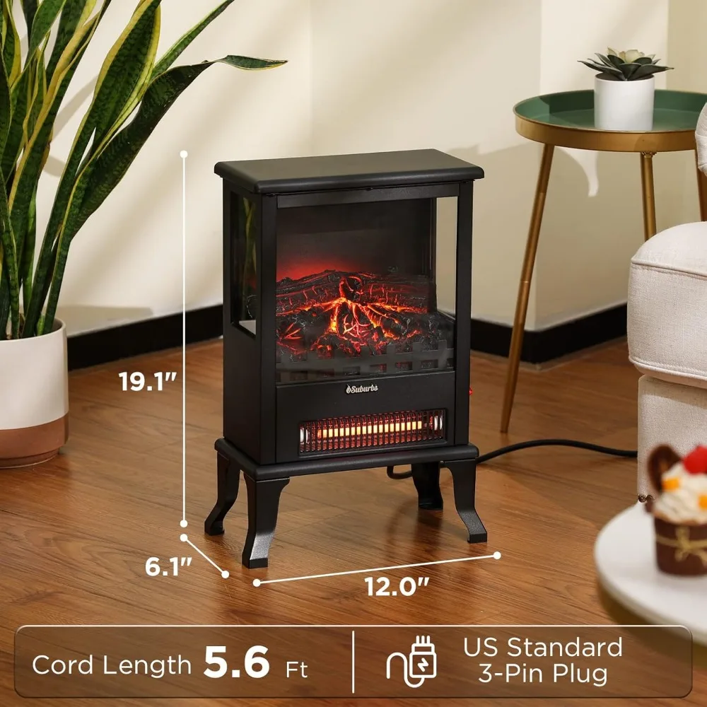 Suburbs TS17Q Estufa de chimenea eléctrica infrarroja, calentador de estufa independiente de 19" con vista de 3 caras, llama realista, supera