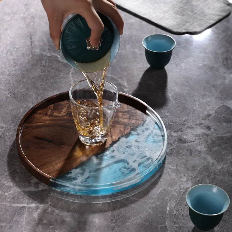 Walnut resin dry brewing tray round kung fu tea set tray size solid wood tea tray