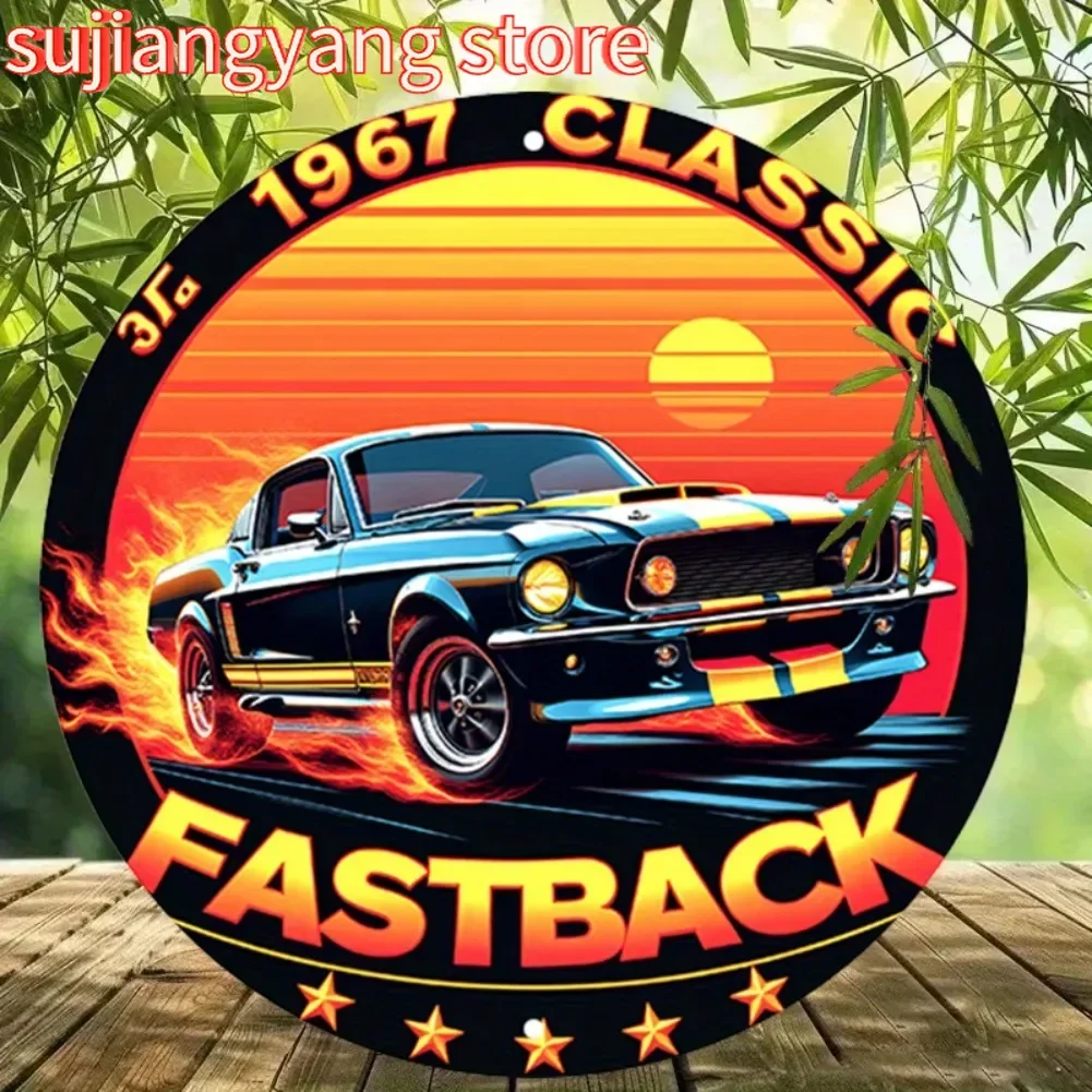 [2D Flat] 1 Stück Vintage 1967 Classic Fastback Rundes Aluminium-Metallblechschild – 7,87" Rustikale Wandkunst mit Flammen und Sonnenuntergangsdesign