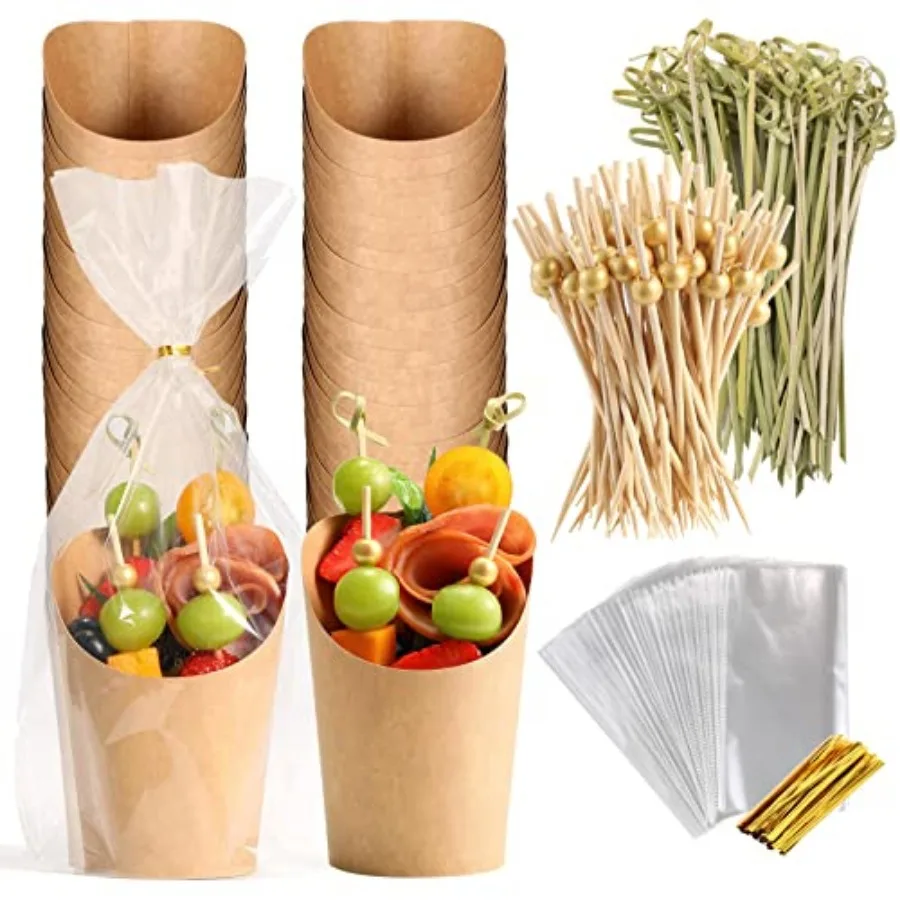 

Disposable Charcuterie Cups with 200 Sticks and Bags Kraft Paper Snack Boxes Appetizers Cup French Fry Holder with Cocktail Ske