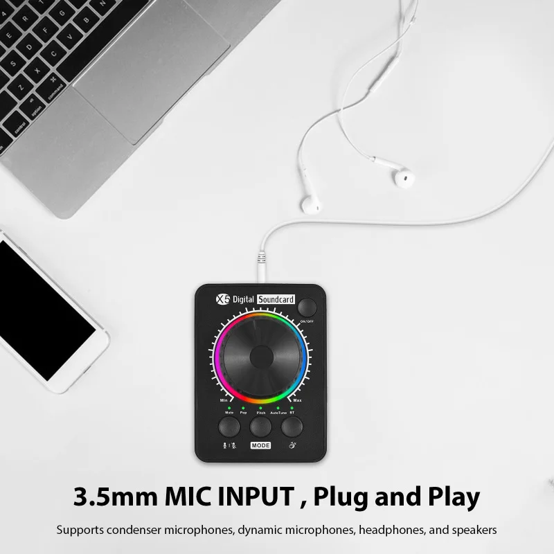 External Sound Card Professional Live Streaming Sound Card Supports BT Music Input Accompany USB Multimedia Volume Knob Type-C