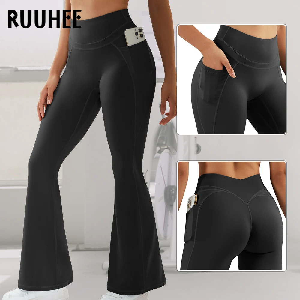 RUUHEE Flared Leg Leggings Women Pockets Leggings For Fitness Butt Lifting Leggings Push Up High Waisted Womens Yoga Pant