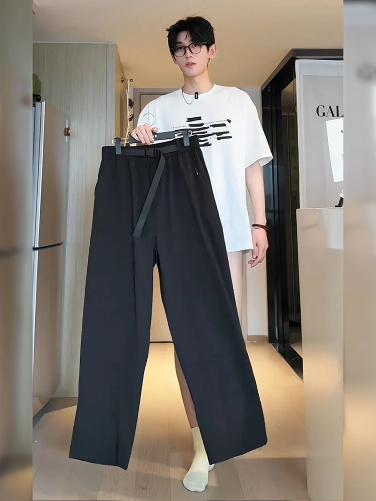 Black Buckle Belt Ice Silk Men's Summer American Retro Thin Straight Leg Pants Drape Quick Dry Cargo Pants Casual Leisure Style