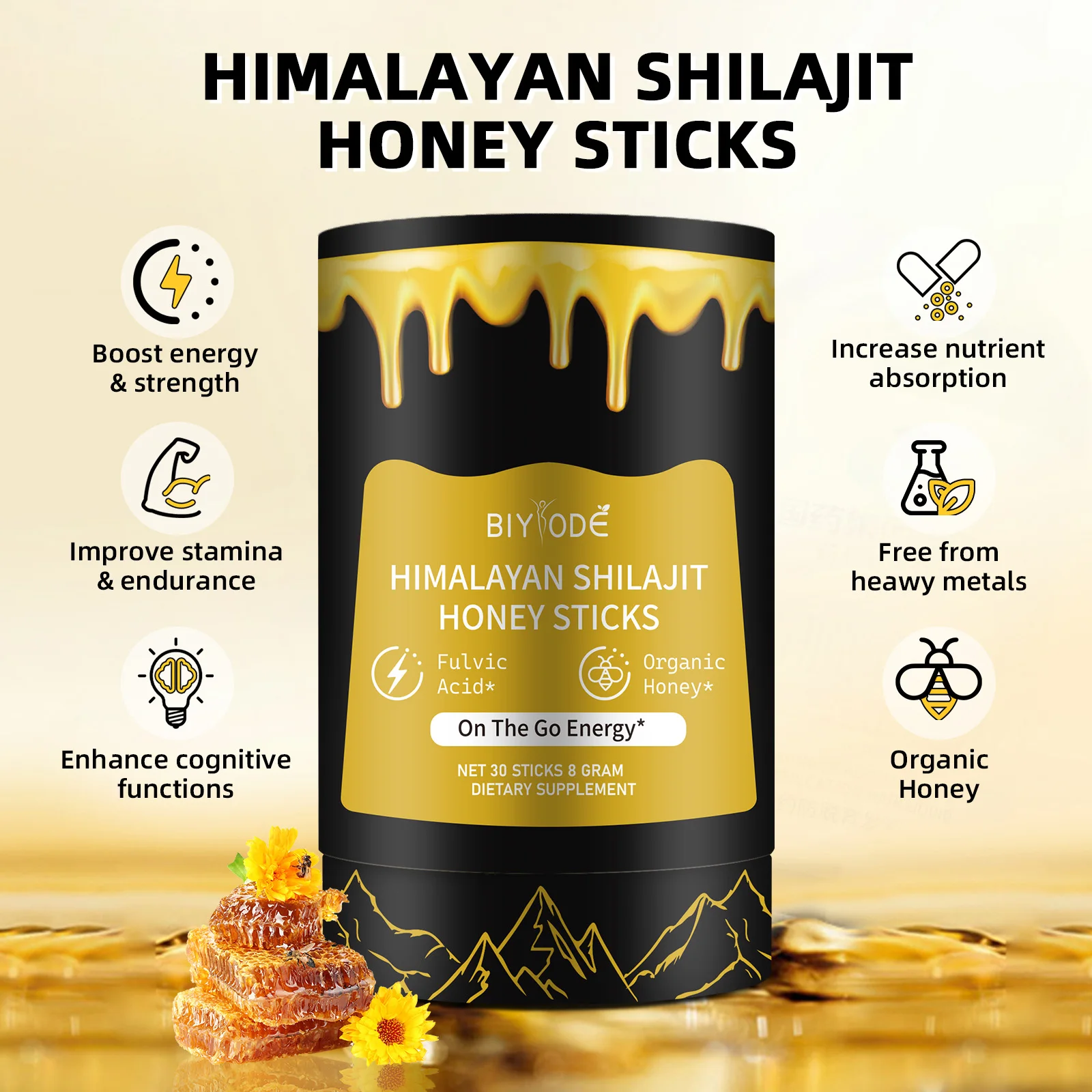 Pure Himalayan Shilajit Honey Sticks & Saffron – 30 Count 75%+ Fulvic Acid 85+ Trace Minerals Natural Energy & Immunity Booster